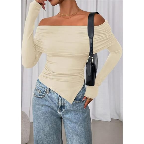 Womens Off Shoulder Long Sleeve Top Fitted Y2K Fall Going Out Blouse Trendy - Picture 3 of 7